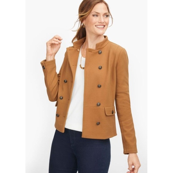 Talbots Womens Twill Knit Band Blazer Jacket Size 16 Brown Cotton Pockets Button - Picture 1 of 10